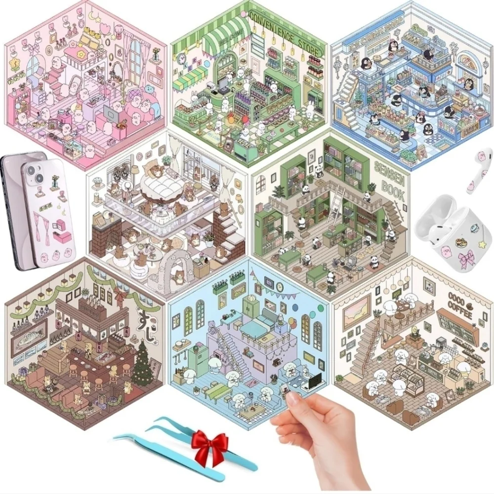8 sets Cute Cartoon sticker Set with Tweezers